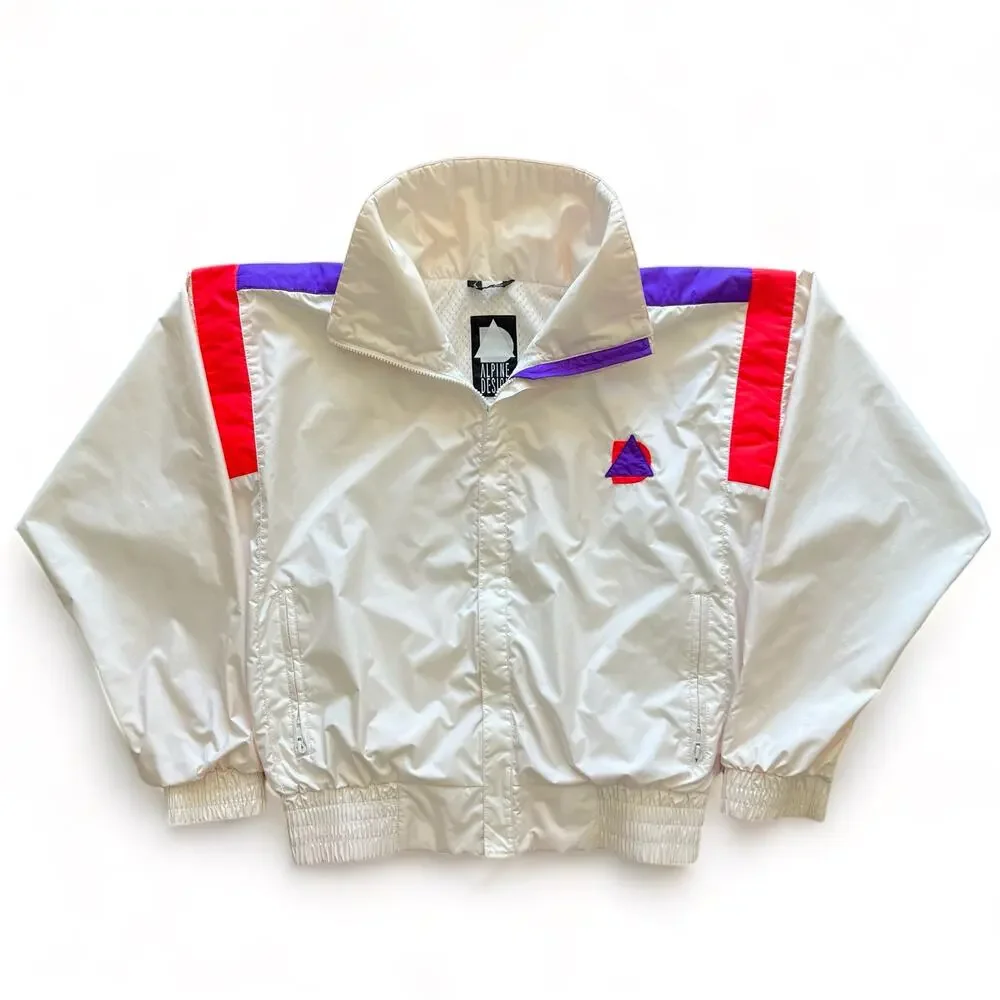 Vintage 80s Alpine Design Lined Windbreaker Nylon Zip Jacket Pink White Purple M